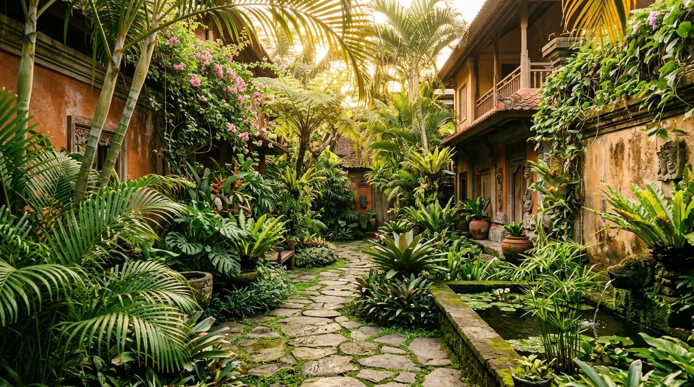 A private courtyard landscape in rain with masonry and planting depth, no people