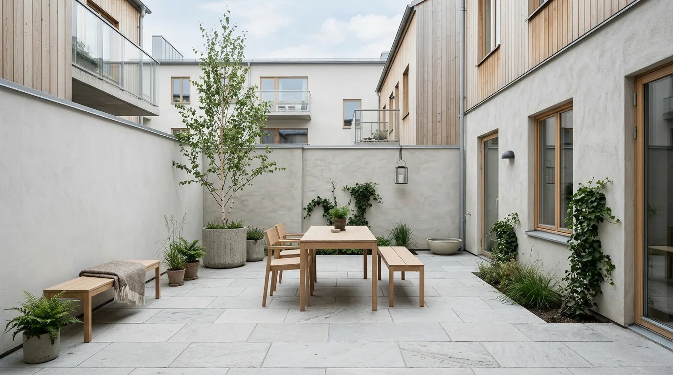 An intimate courtyard landscape with white walls herbs and gravel, no people