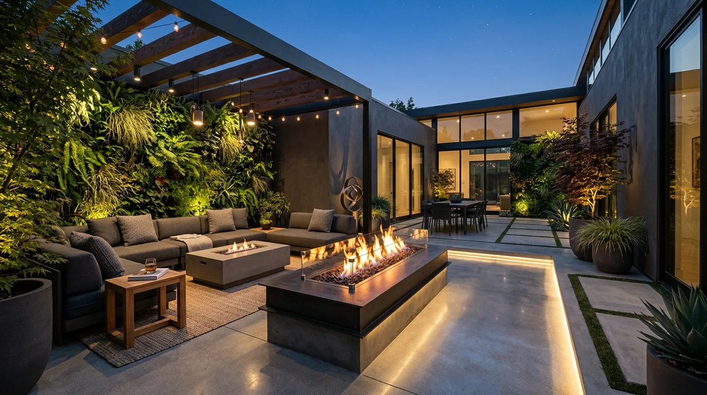 An intimate layered courtyard landscape with quiet private atmosphere, no people