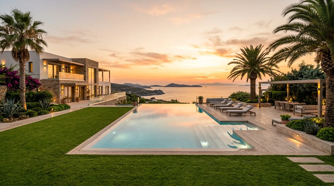 A luxurious modern villa landscape with formal water entry and symmetry, no people