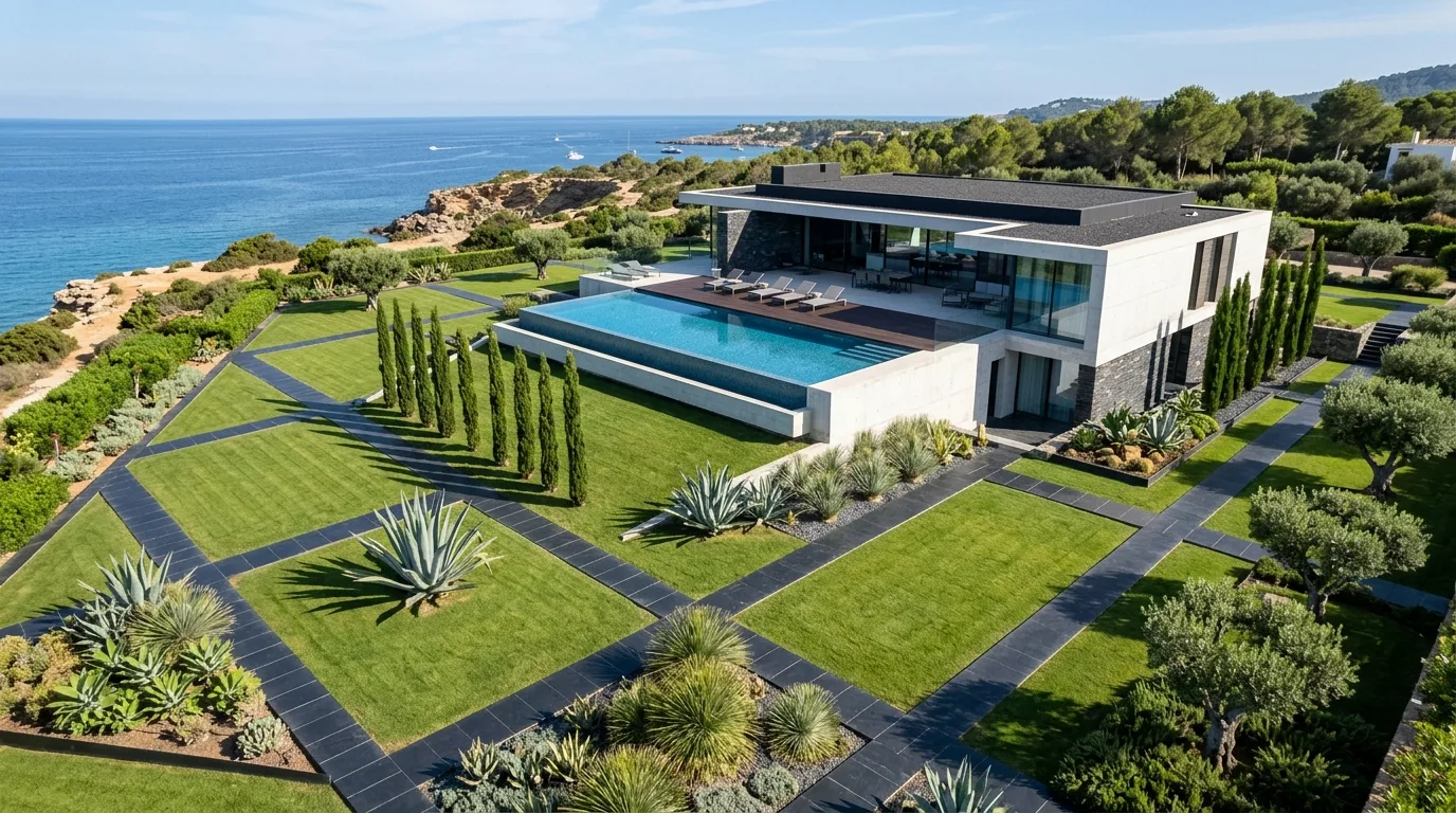 A luxurious villa landscape with dining pavilion and soft evening light, no people