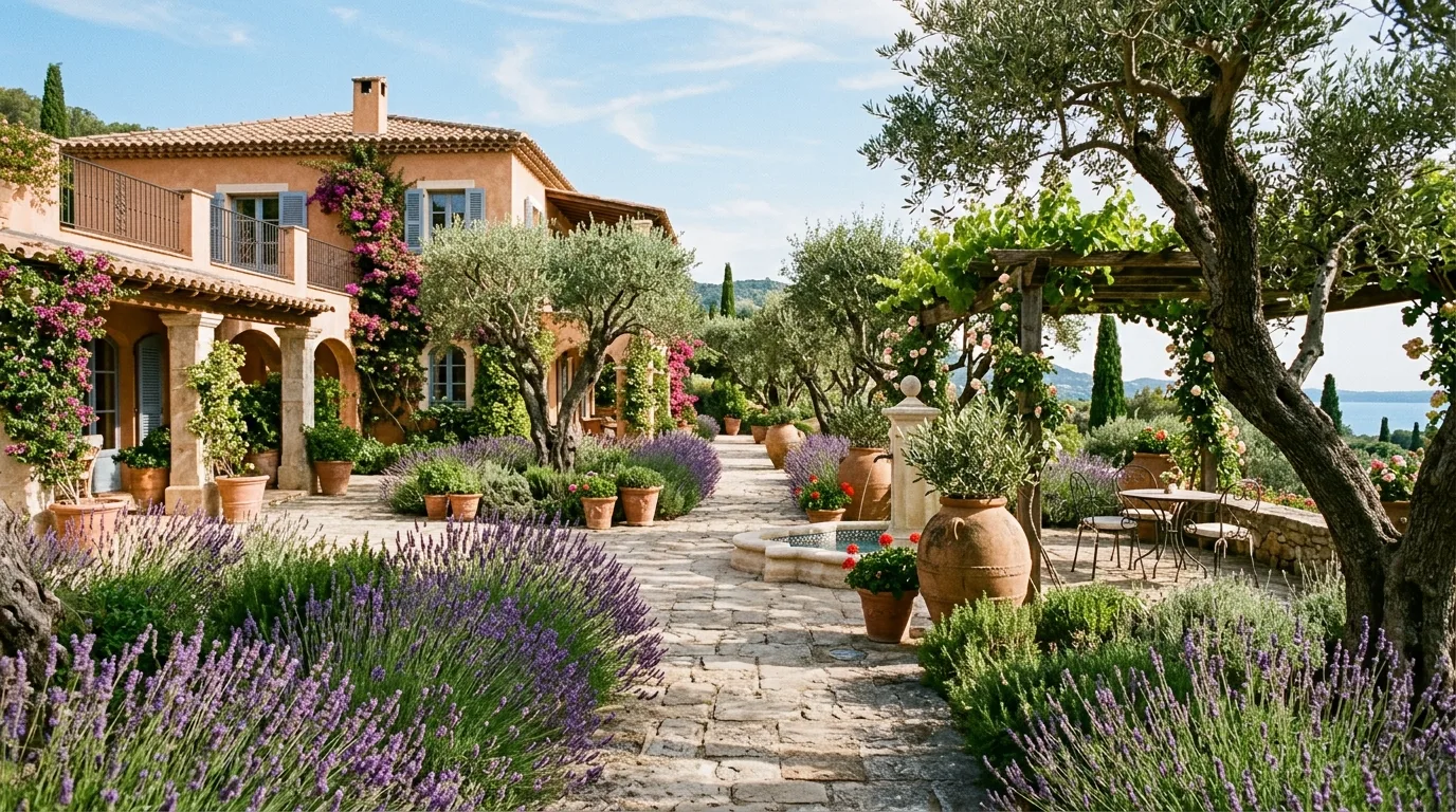 A villa spa courtyard landscape with soaking pool and aromatic planting, no people