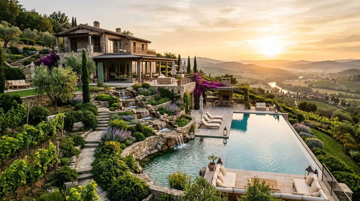 A luxurious modern villa landscape with black stone court, no people
