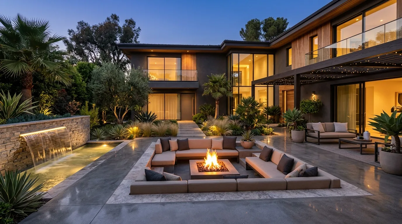 A modern villa landscape with sunset terrace fire and water, no people