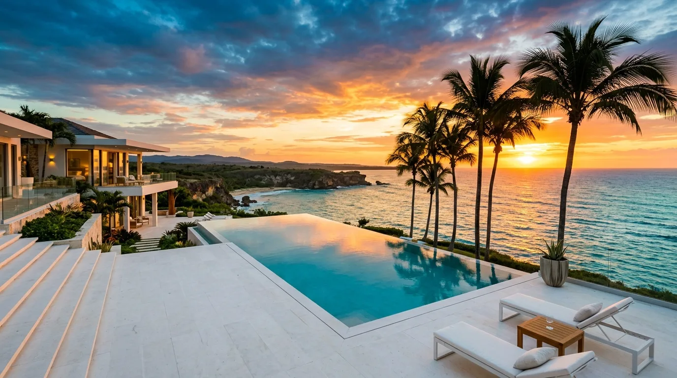 A luxurious villa courtyard landscape with art stone and planting, no people