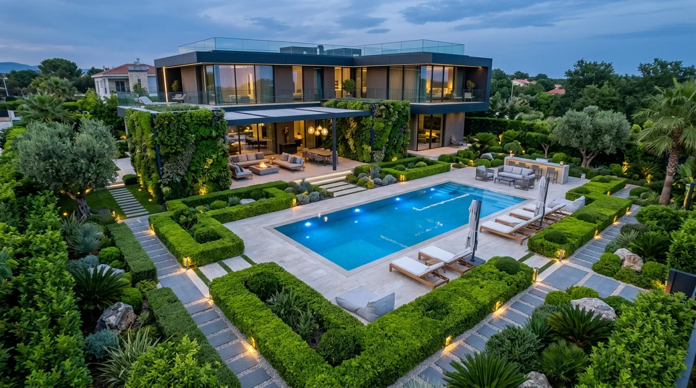 A modern villa landscape with broad path linking outdoor rooms, no people