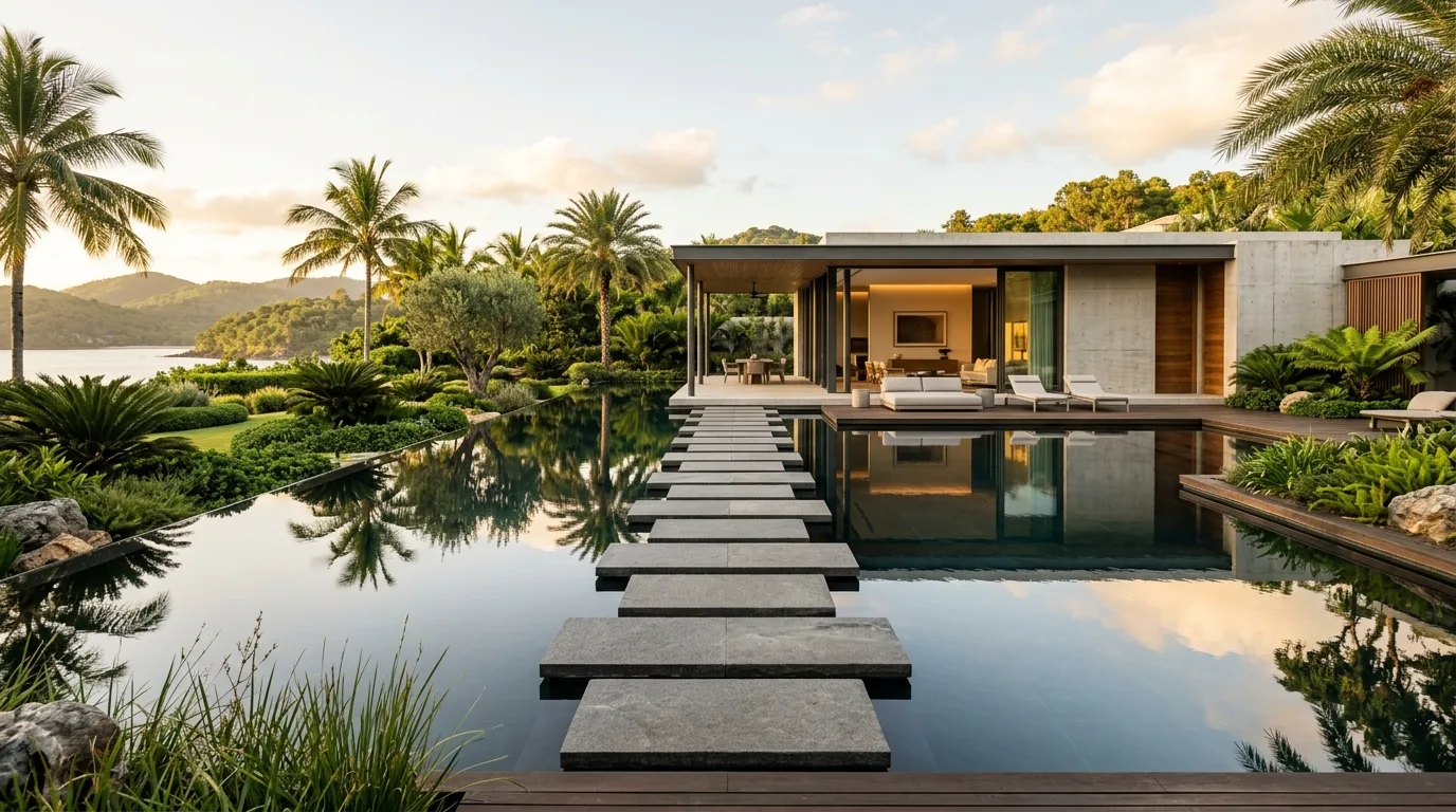 A resort style villa landscape with sculptural gravel court, no people