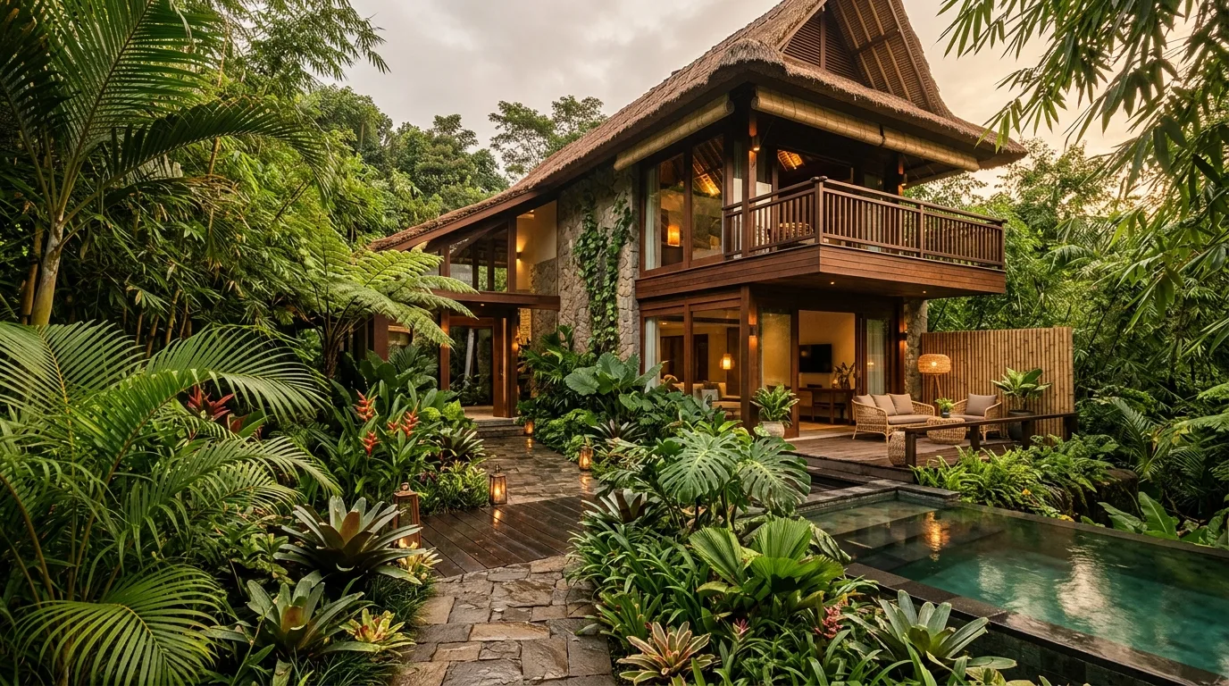 A luxurious villa landscape with layered privacy planting, no people