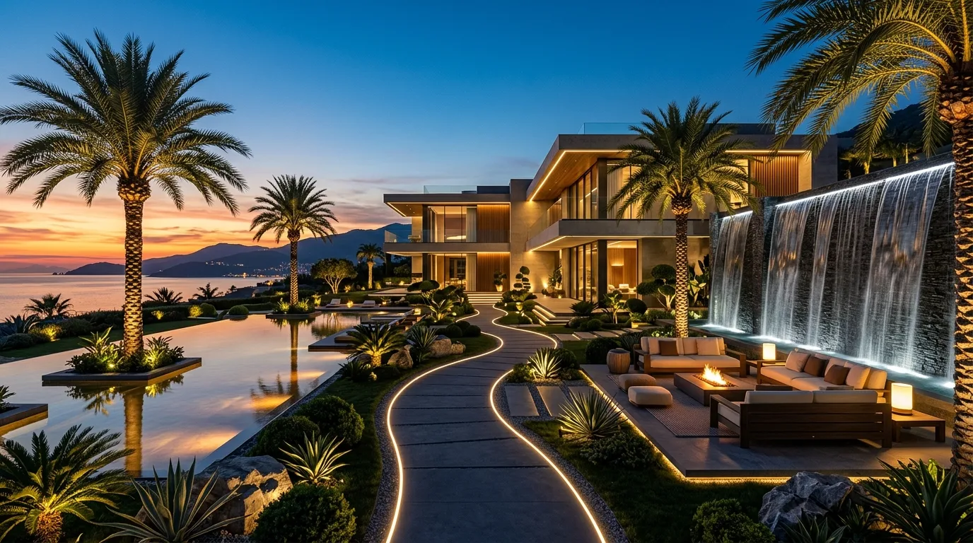 A luxurious modern villa landscape unified for resort style living, no people