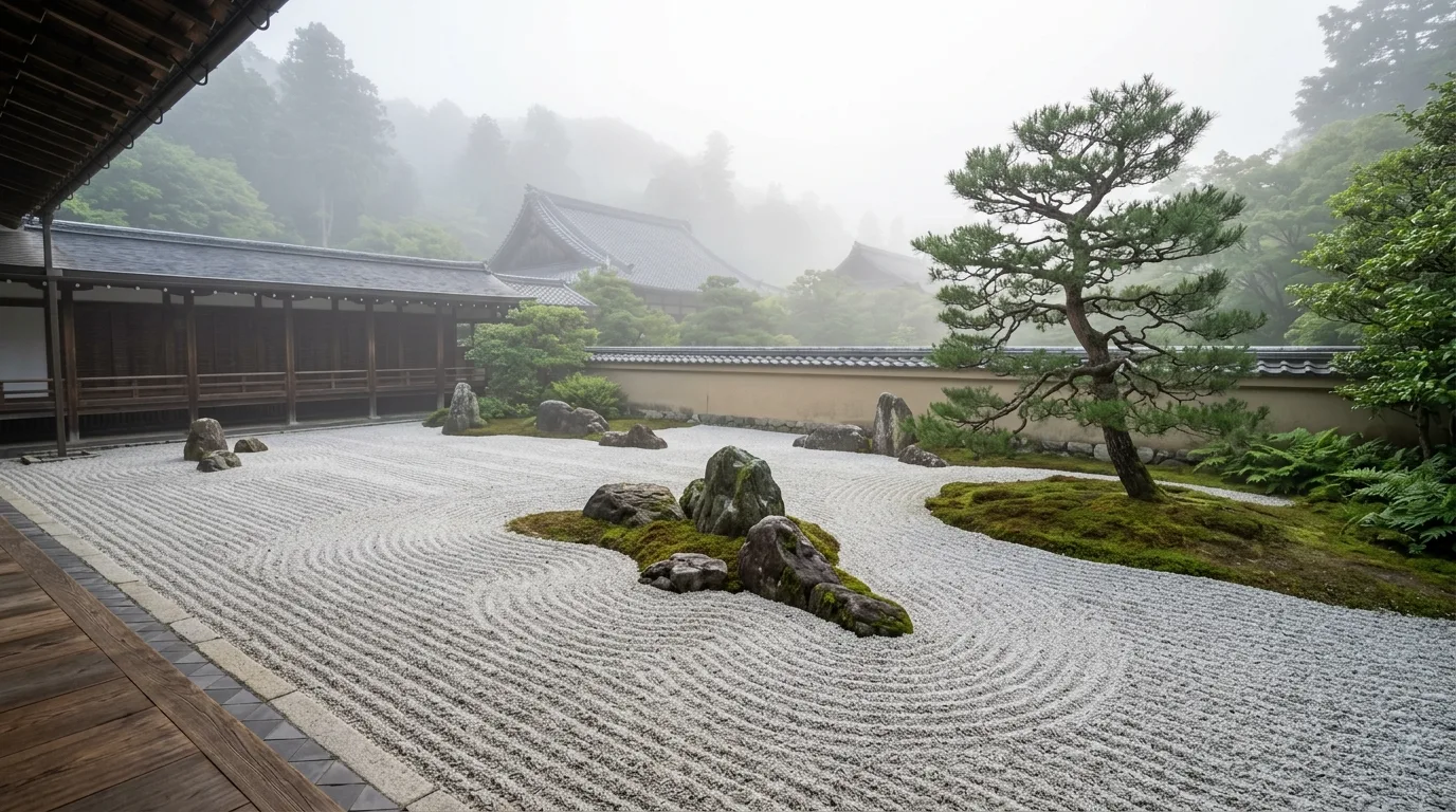 A tranquil Japanese landscape with gravel court lantern and pine, no people
