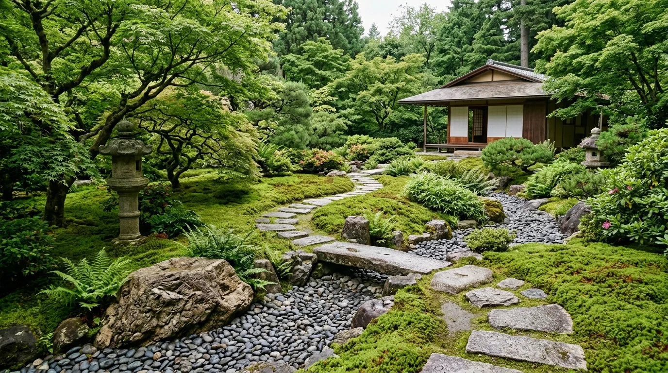 A Japanese landscape with stepping stone path over moss, no people