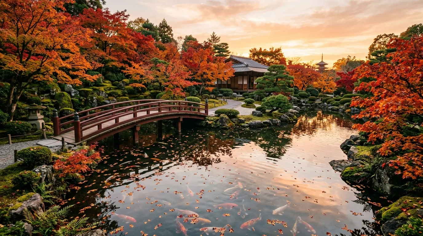 A tranquil Japanese pond landscape with bridge and irises, no people