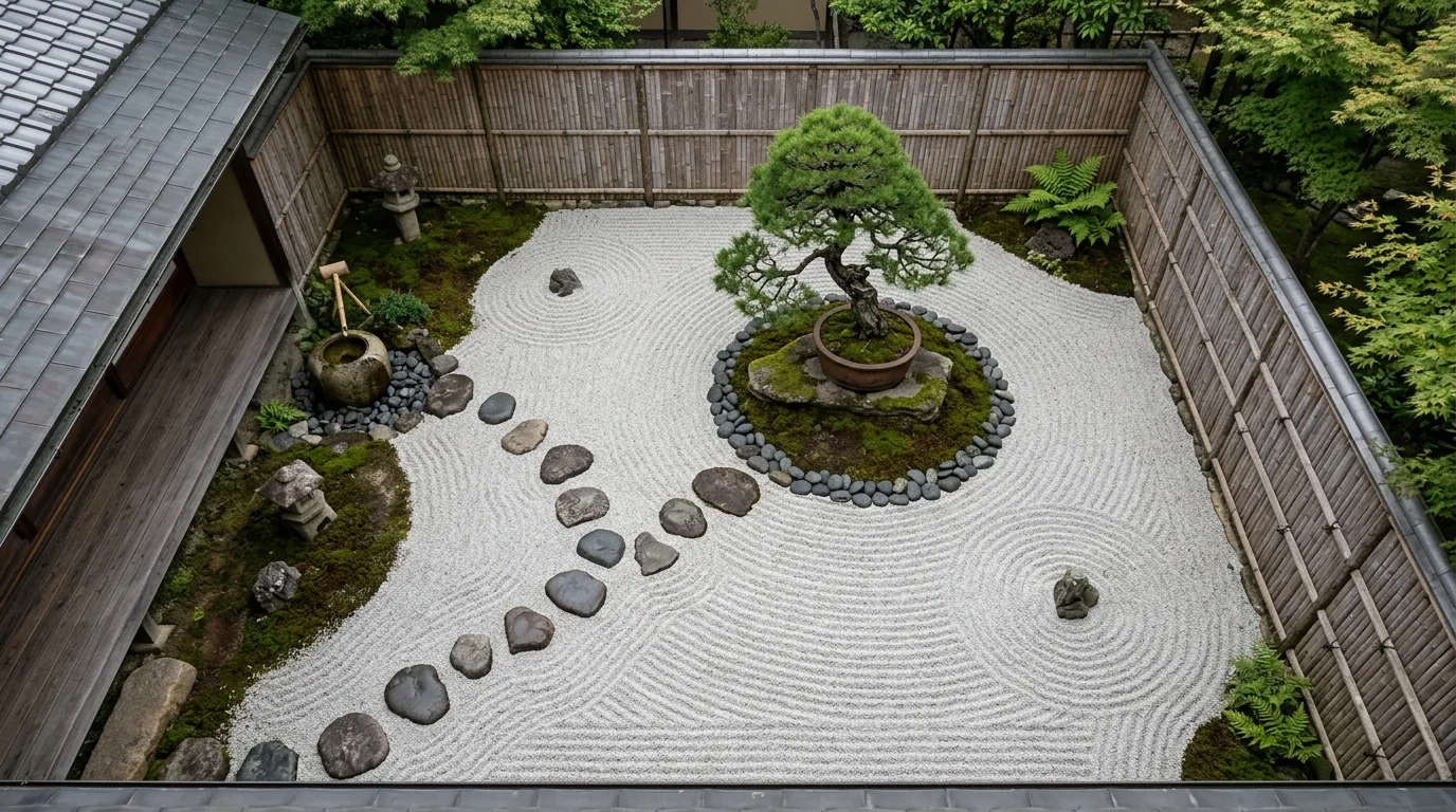 A small Japanese courtyard landscape with bamboo and stone basin, no people