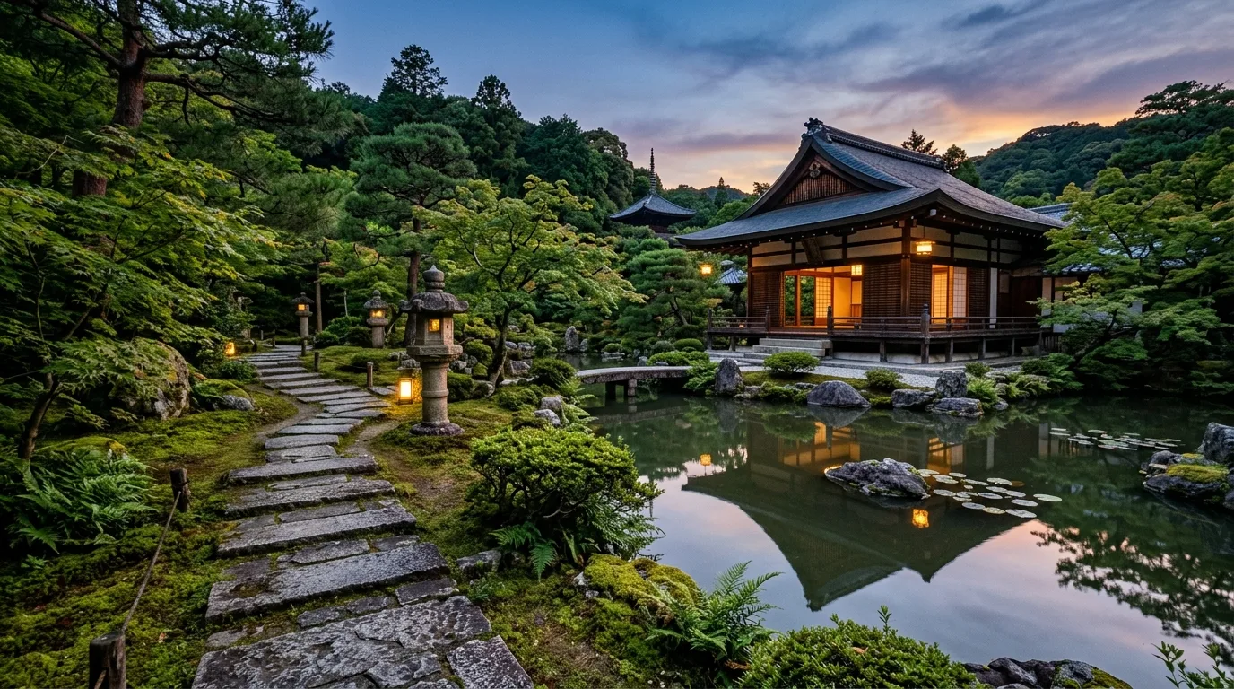 A Japanese landscape tea garden entry with weathered stone, no people