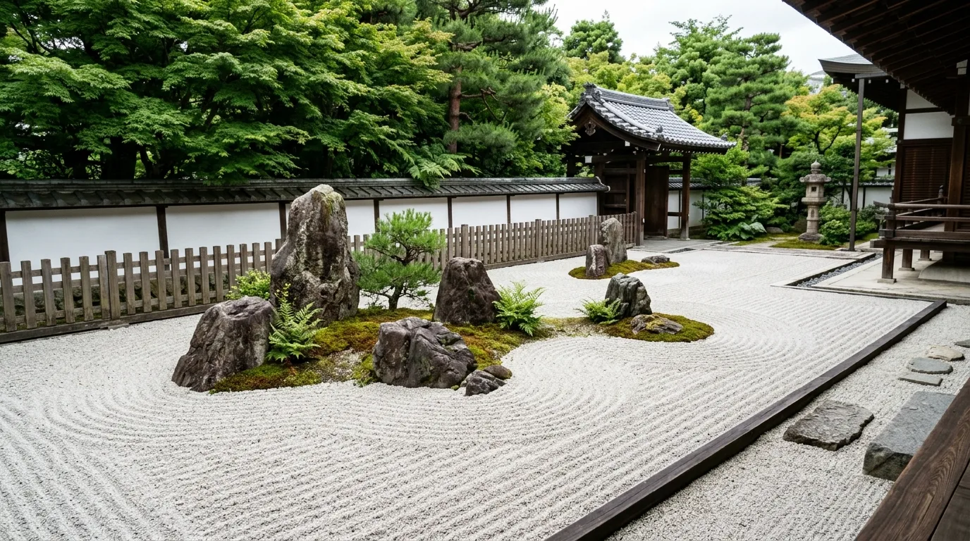 A tranquil Japanese landscape with autumn maple corner, no people