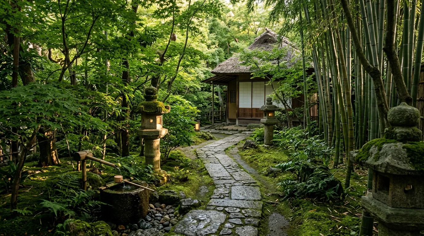 A Japanese landscape with bamboo fence stone and groundcover, no people