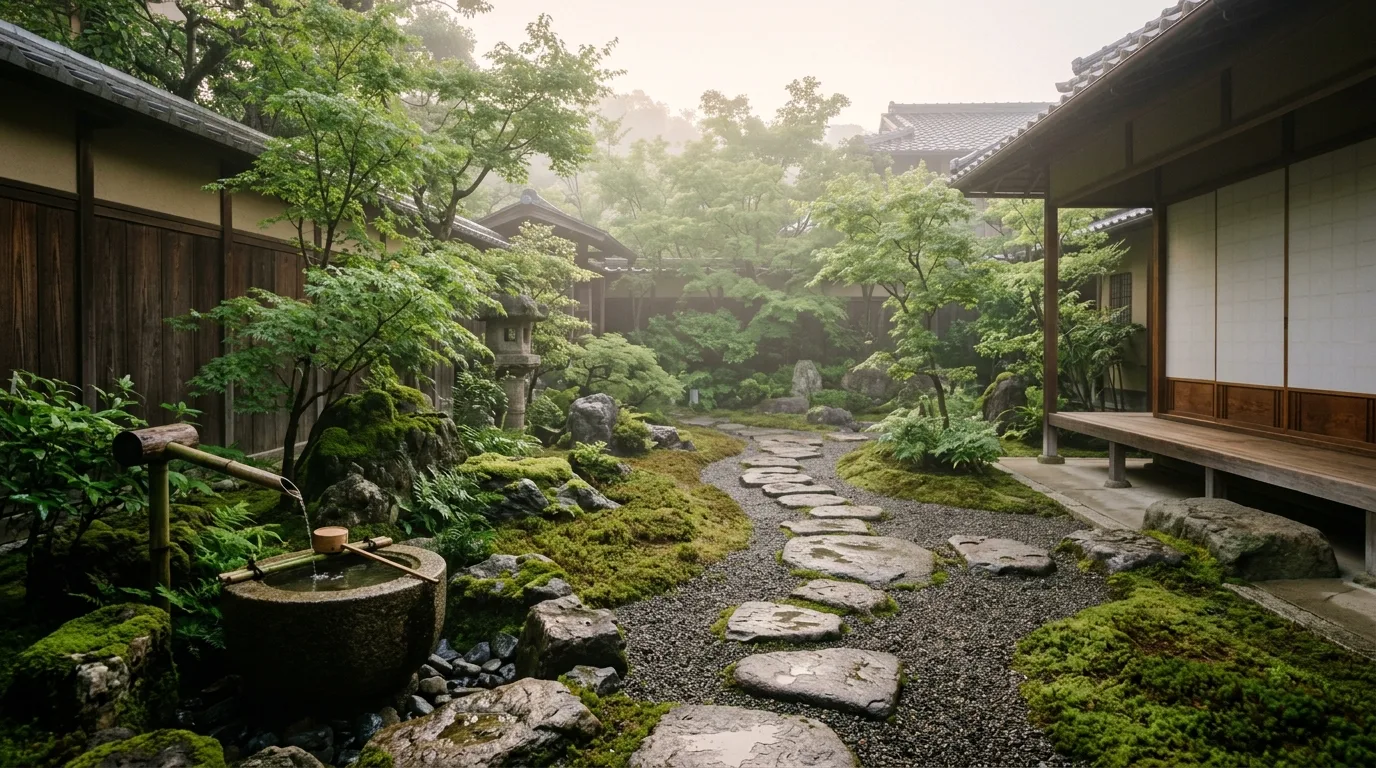 A tranquil Japanese terrace landscape for moon viewing, no people