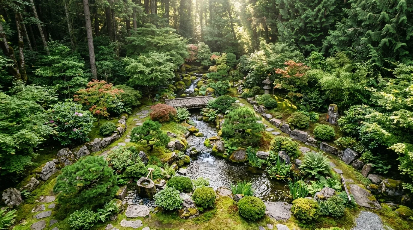 A Japanese stream landscape with small bridge and ferns, no people
