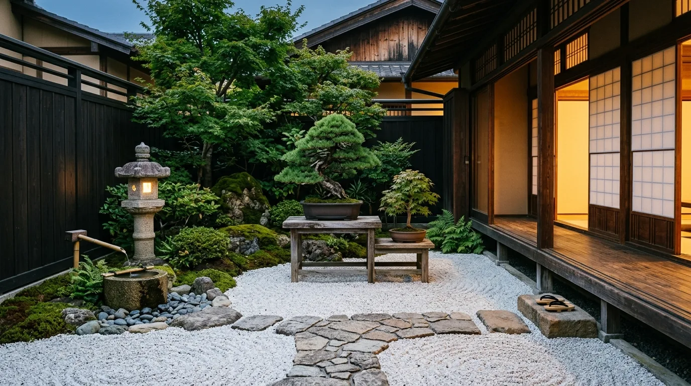 A tranquil Japanese courtyard wall garden with trained branches, no people