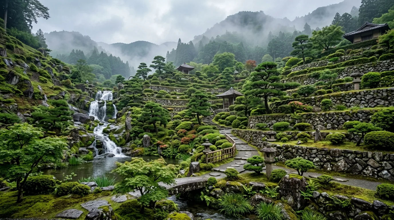 A compact Japanese landscape with carefully placed stone and gravel, no people