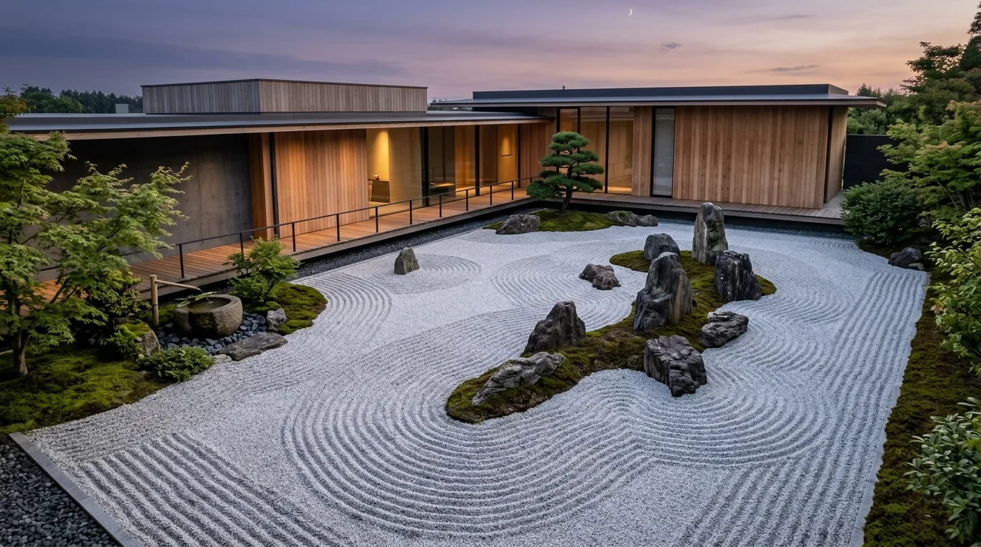 A tranquil Japanese landscape balanced with stone water and planting, no people