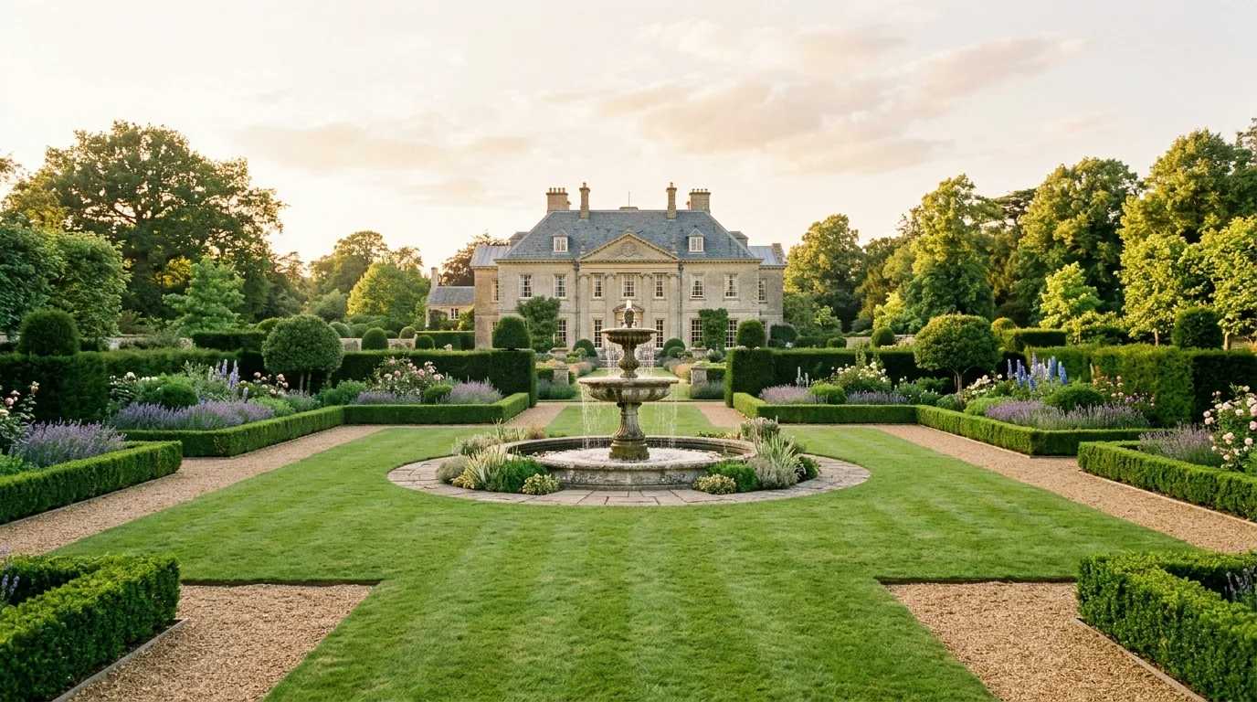 A classic landscape with symmetrical shrubs and front walk flowers, no people