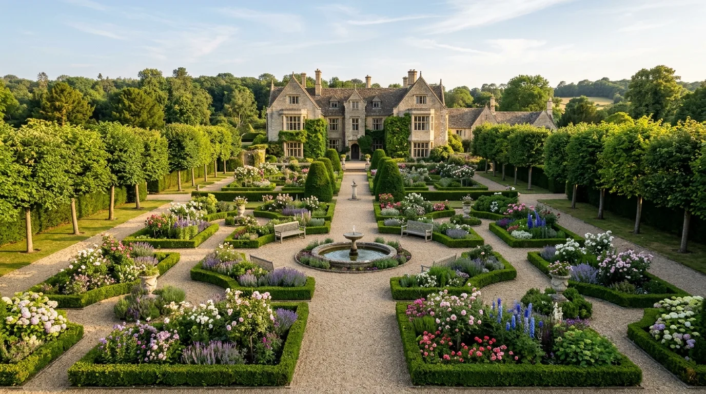 A timeless classic landscape with brick path and clipped hedges, no people