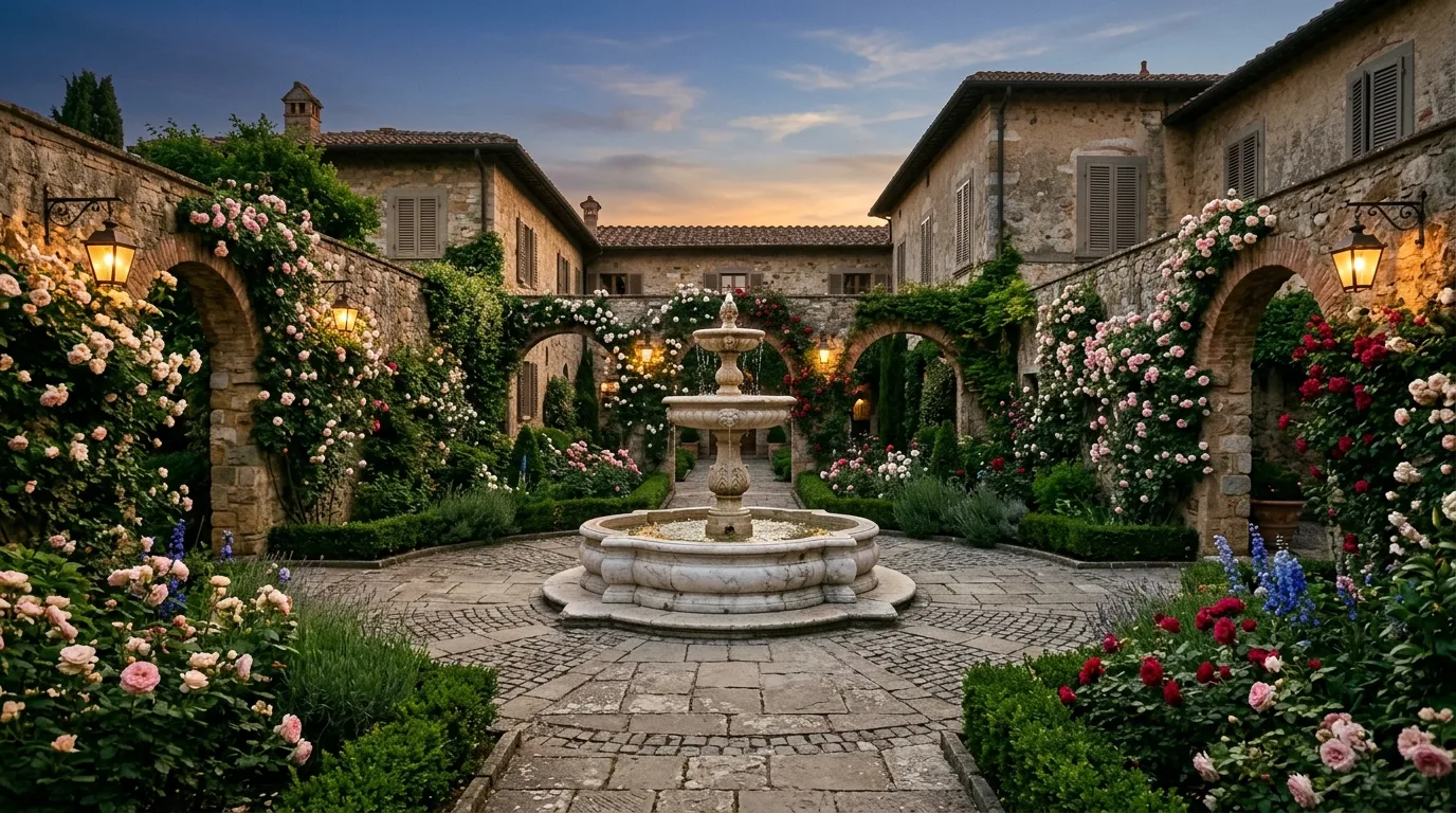 A classic porch landscape with roses and evergreen structure, no people