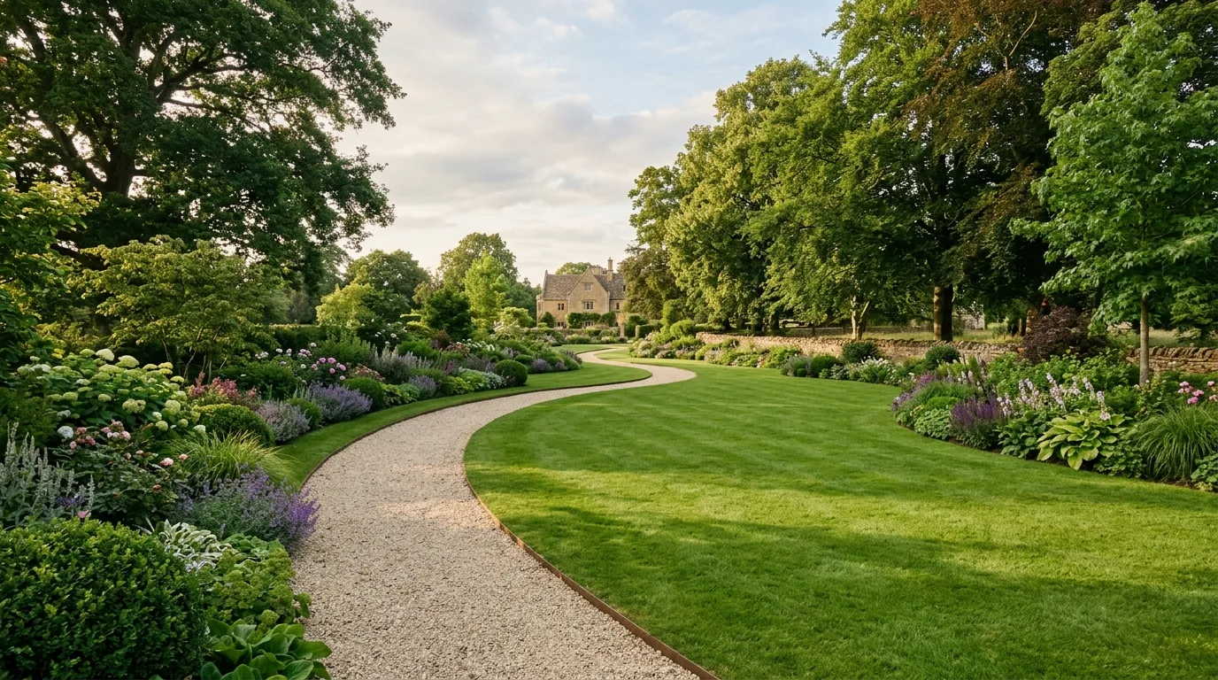 A timeless classic backyard terrace with simple borders, no people