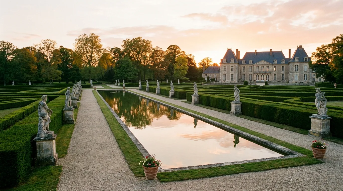 A classic side garden landscape with lattice and shrubs, no people