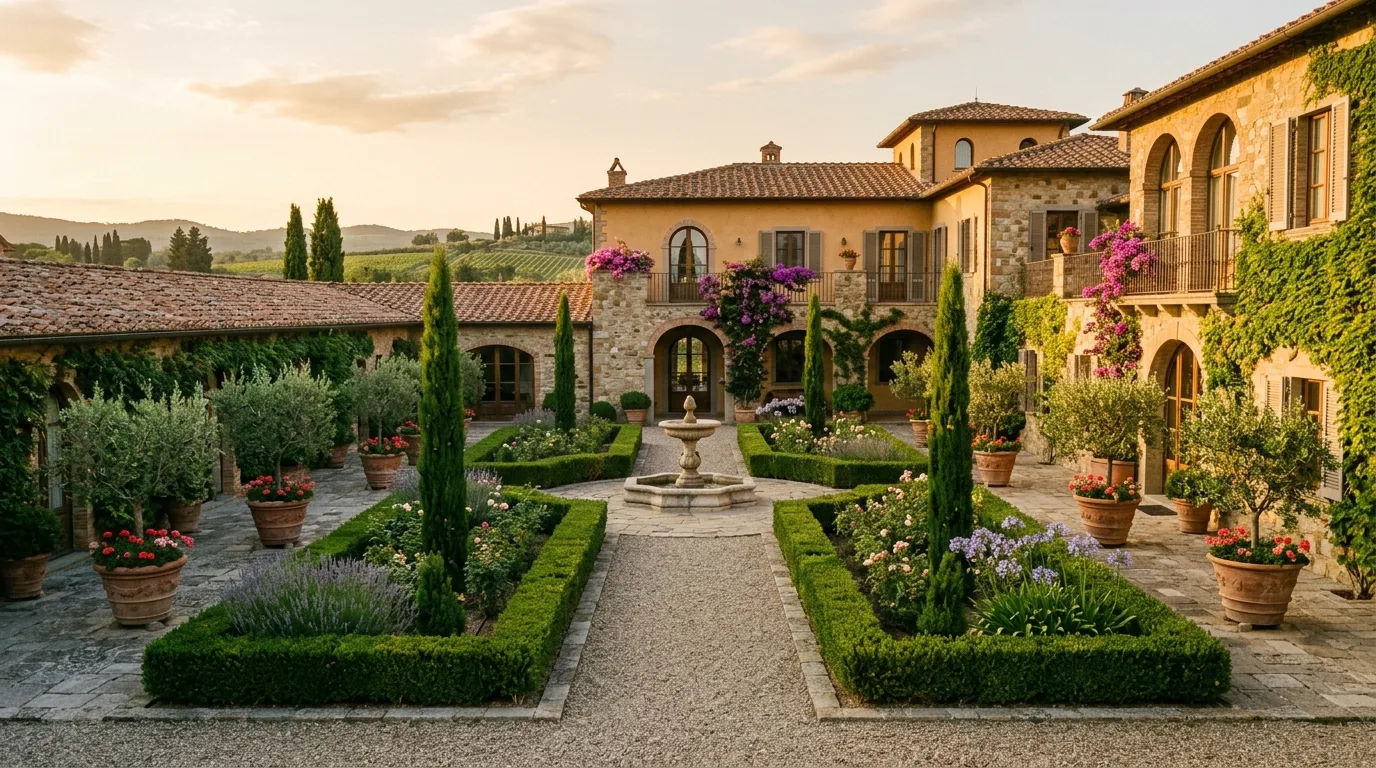 A timeless classic landscape with formal lawn oval, no people