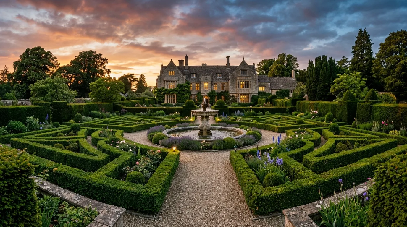 A classic landscape border with layered perennials and shrubs, no people