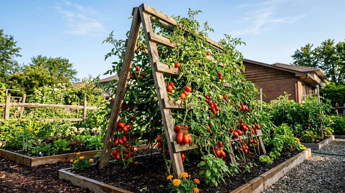 A backyard garden with a sturdy wooden A-frame trellis supporting lush tomato vines heavy with ripe red fruit, rich green leaves intertwined, dark soil beds neatly edged, bright morning sunlight casting crisp shadows, captured from a slightly low angle emphasizing vertical growth, no people
