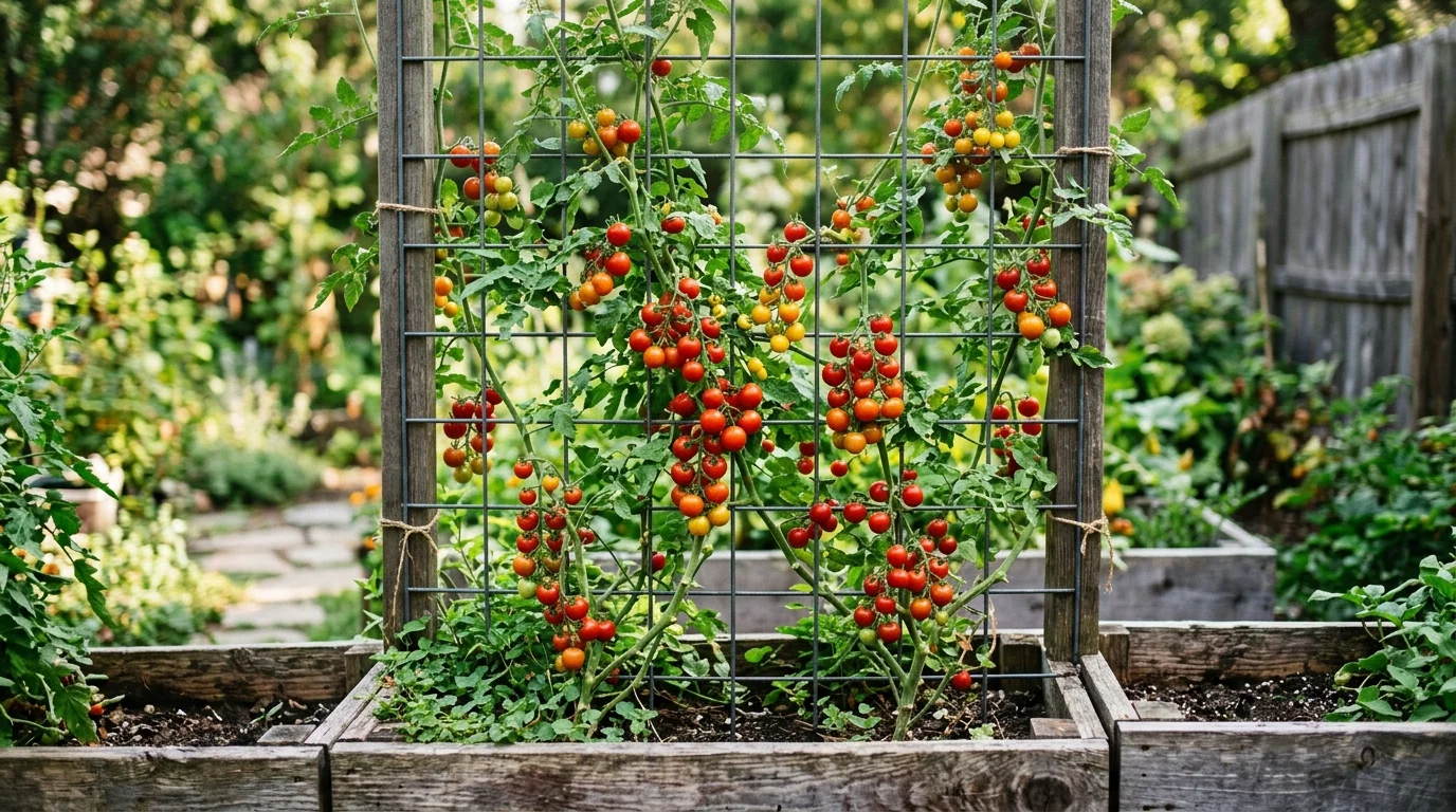 A vertical metal grid trellis covered in climbing cherry tomato plants with clusters of glossy red and yellow tomatoes, raised wooden planter boxes below, vibrant greenery contrasting with rustic textures, soft afternoon light, shot from eye level with a shallow depth of field, no people