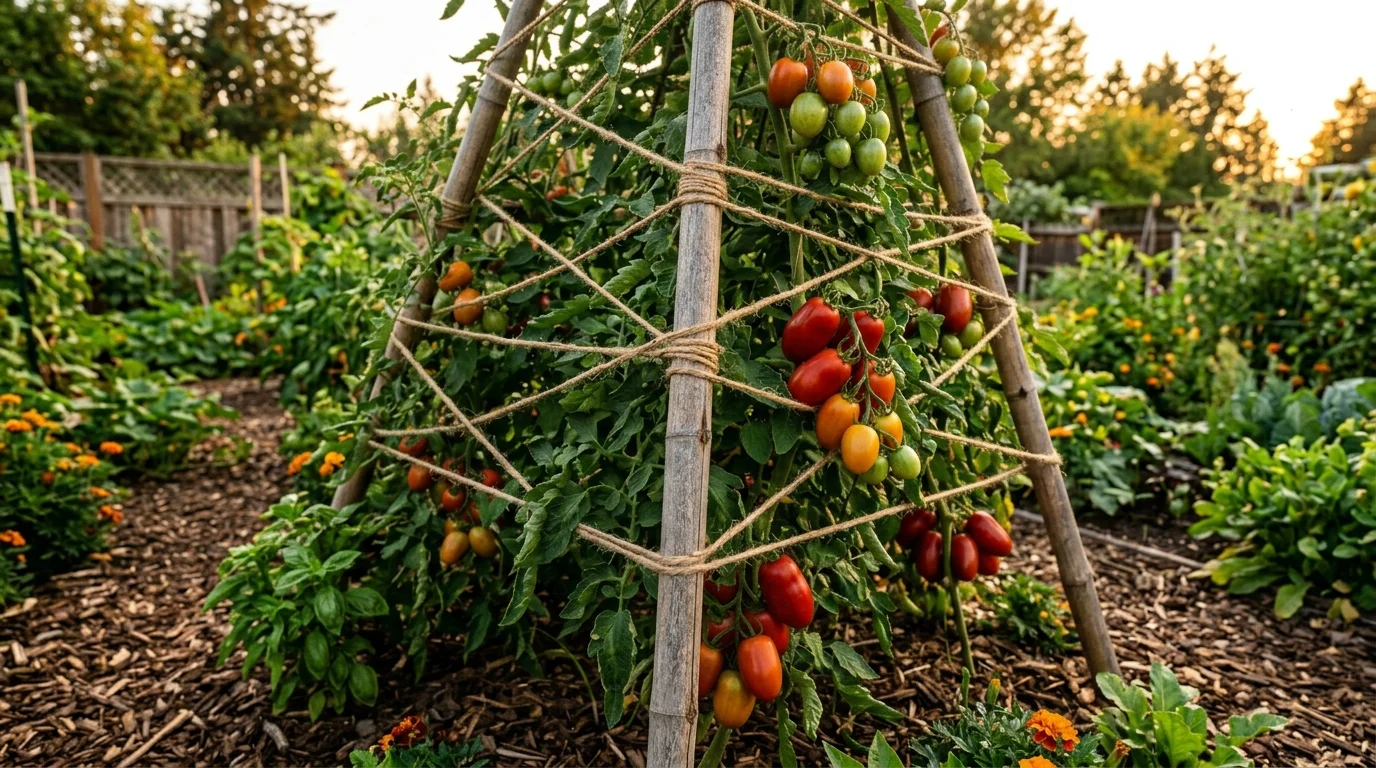 A rustic bamboo teepee trellis structure tied with natural twine, surrounded by thriving tomato plants with mixed ripening stages from green to deep red, earthy garden setting with mulch ground cover, warm golden hour lighting, photographed from a side angle highlighting structure details, no people
