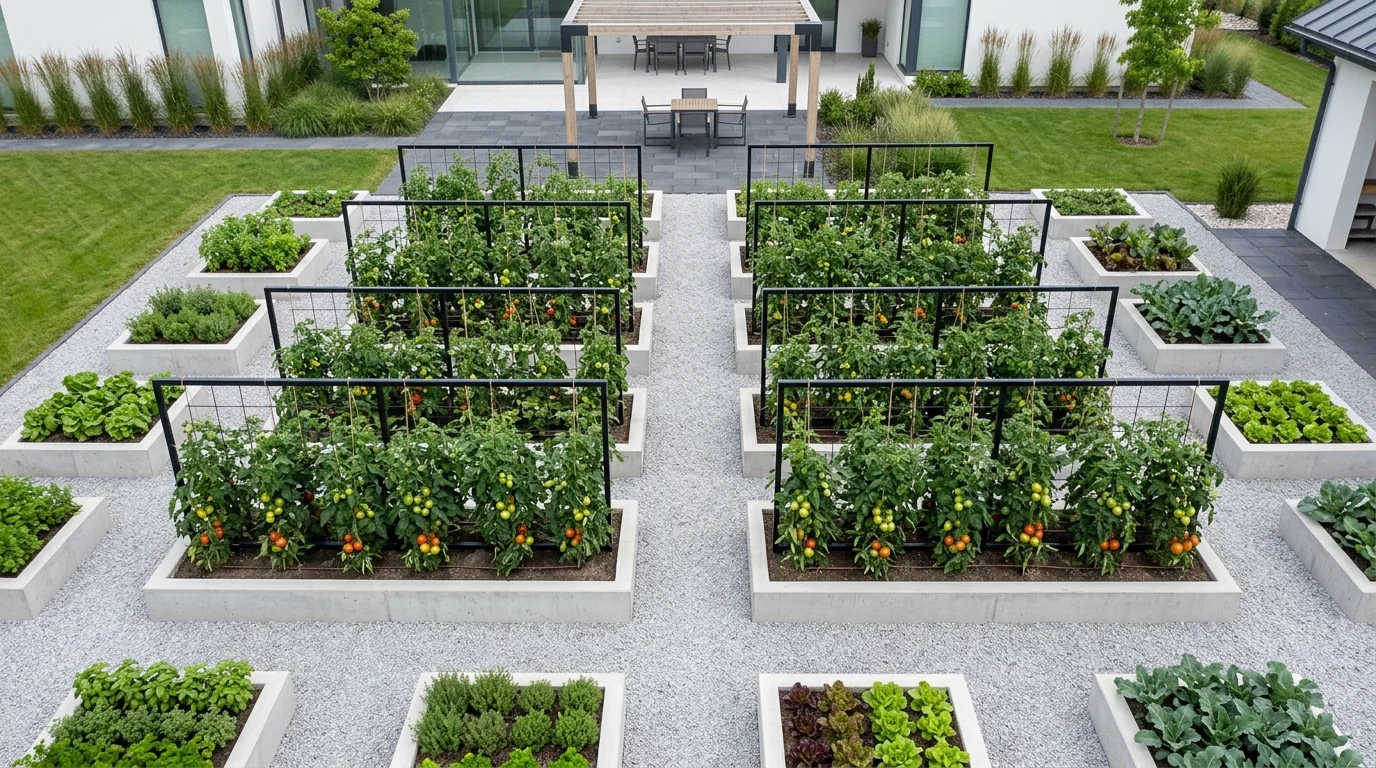 A modern minimalist garden with sleek black metal trellises holding neatly pruned tomato vines, uniform rows of plants in raised concrete beds, clean lines and organized layout, bright diffused daylight, captured from a wide overhead angle showing symmetry, no people