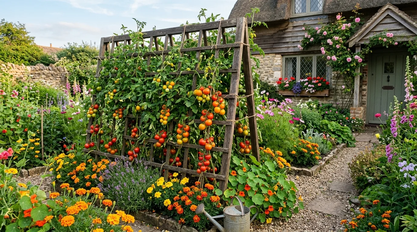 A colorful cottage-style garden with a wooden lattice trellis overflowing with heirloom tomatoes in shades of red, orange, and yellow, surrounded by blooming companion flowers like marigolds, soft natural sunlight, shot from a slightly angled perspective for depth, no people