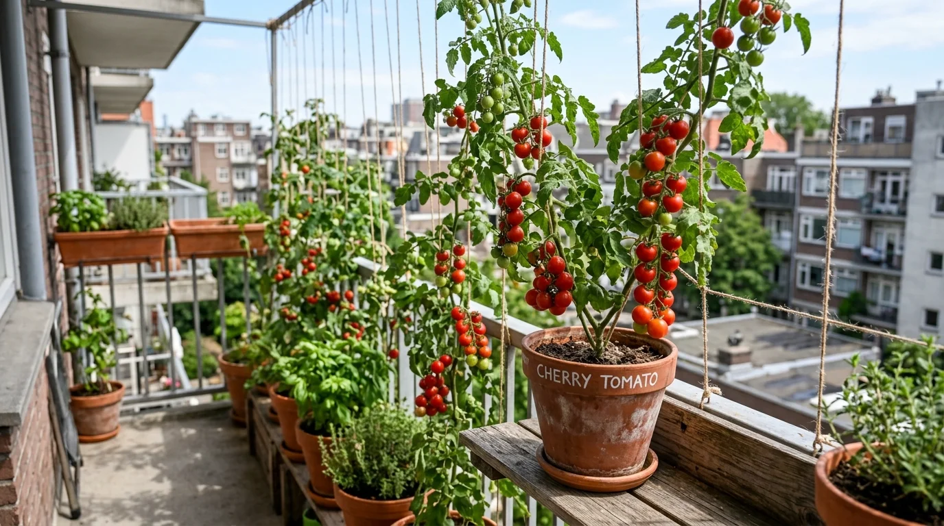 A compact urban balcony garden with a vertical string trellis system supporting tomato plants in terracotta pots, cascading vines with small ripe tomatoes, cityscape softly blurred in the background, bright daylight, captured from a close side angle, no people