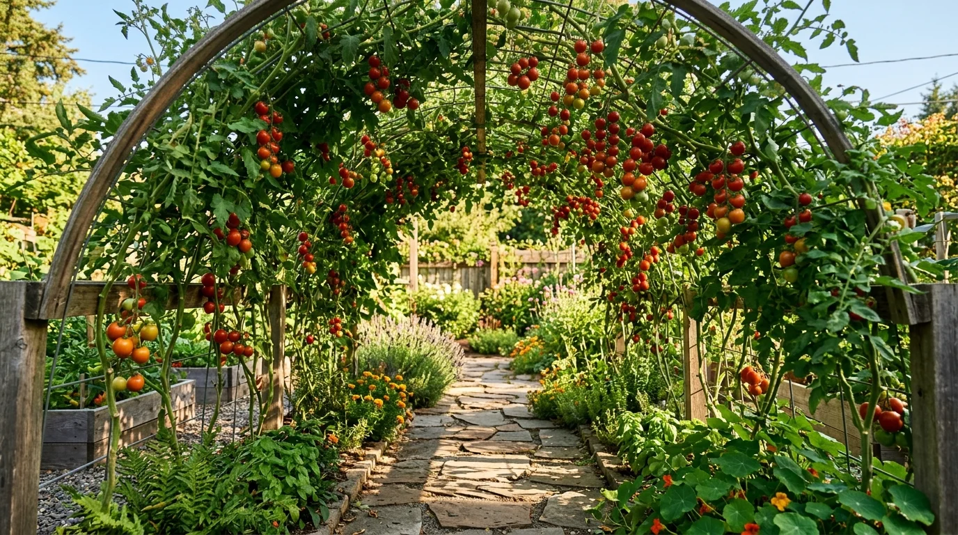 A backyard garden arch trellis covered with climbing tomato vines forming a green tunnel, clusters of ripe tomatoes hanging overhead, pathway beneath made of stone, dappled sunlight filtering through leaves, photographed from a centered walkway perspective, no people