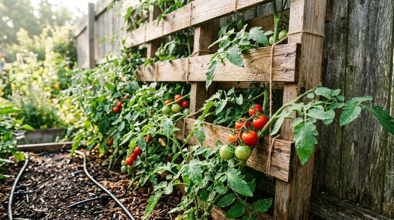 A DIY wooden pallet trellis mounted against a fence with tomato plants weaving through slats, rich soil base with visible watering system, vibrant foliage and fruit contrast, soft morning light with dewdrops on leaves, shot from a close-up angled view, no people