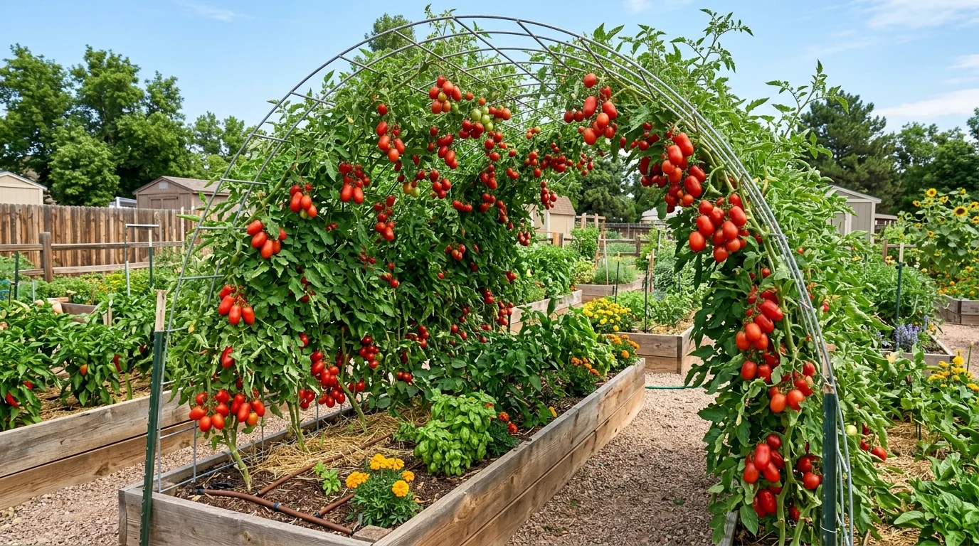 A galvanized cattle panel trellis arched over a raised bed with vigorous tomato plants climbing upward, heavy fruit clusters in bright red, lush green leaves filling the frame, bright midday sunlight, wide-angle shot capturing the full structure, no people