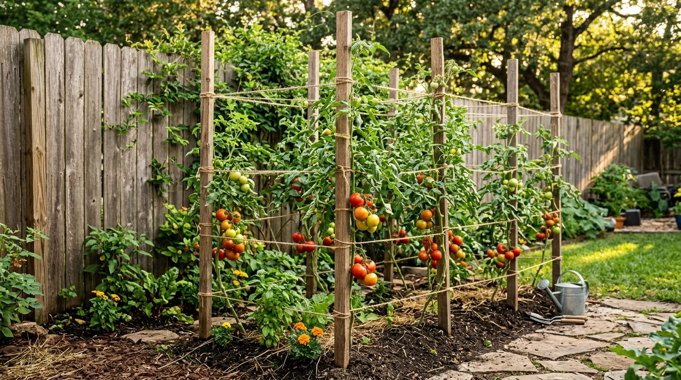 A small backyard corner garden with a simple stake-and-string trellis system holding tall tomato plants, neatly tied stems, mix of ripening tomatoes, wooden fence backdrop, warm afternoon light, captured from a mid-range angle focusing on plant structure, no people