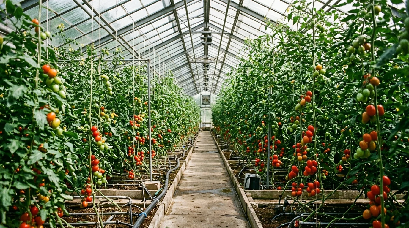 A greenhouse interior with tall vertical trellises supporting dense tomato vines, rows of plants with ripe and unripe tomatoes, filtered sunlight through glass panels creating soft highlights, humid and lush atmosphere, shot from a centered aisle perspective, no people