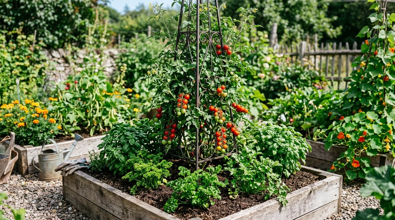 A decorative obelisk trellis in a raised garden bed with tomato plants spiraling upward, surrounded by herbs like basil and parsley, vibrant green tones with pops of red fruit, bright natural daylight, photographed from a slightly elevated angle, no people
