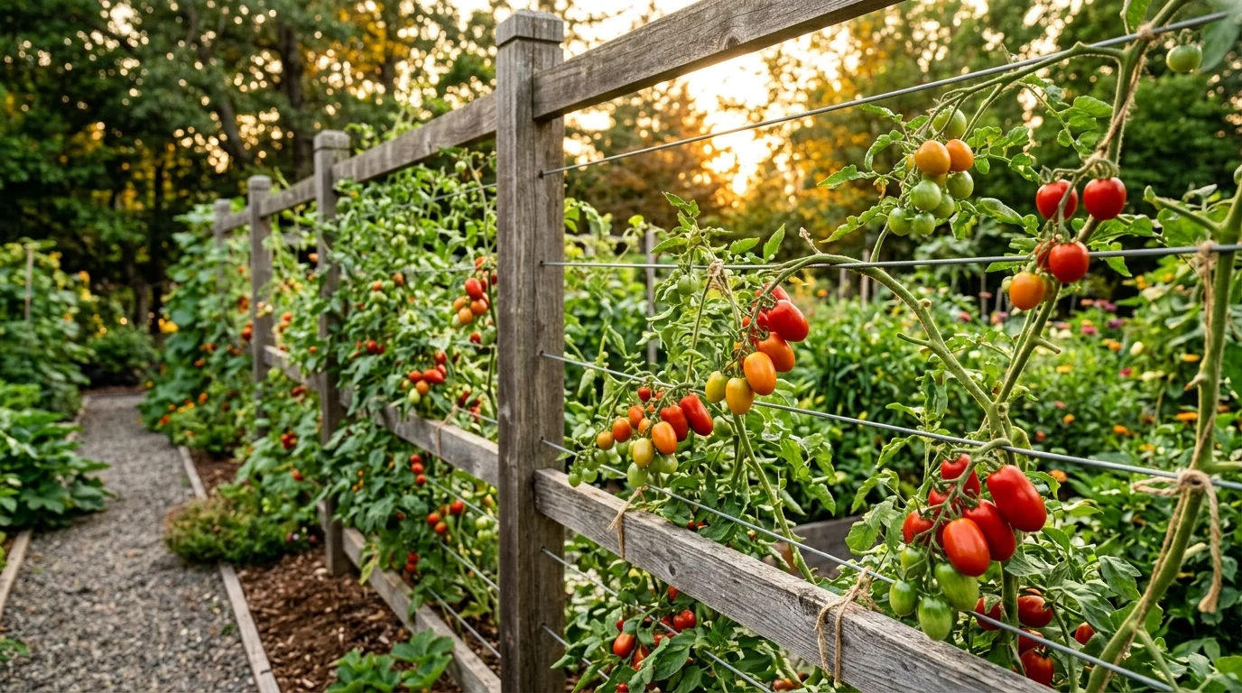A backyard garden fence transformed into a trellis with tomato vines climbing along horizontal wires, clusters of tomatoes in various ripeness stages, natural wood textures and leafy background, golden sunset light adding warmth, captured from a side perspective with depth, no people