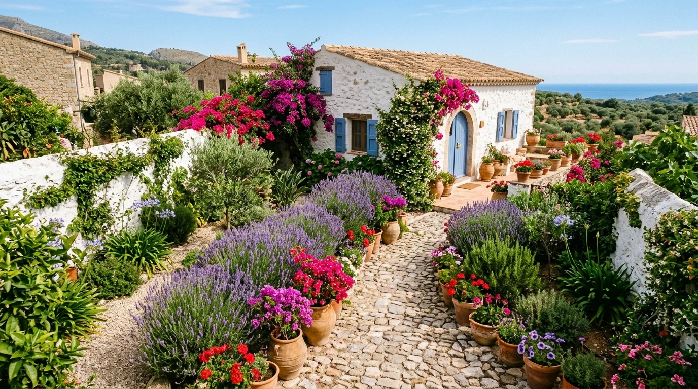 A charming Mediterranean cottage garden with stone paths, lavender, and sun-drenched planting, no people