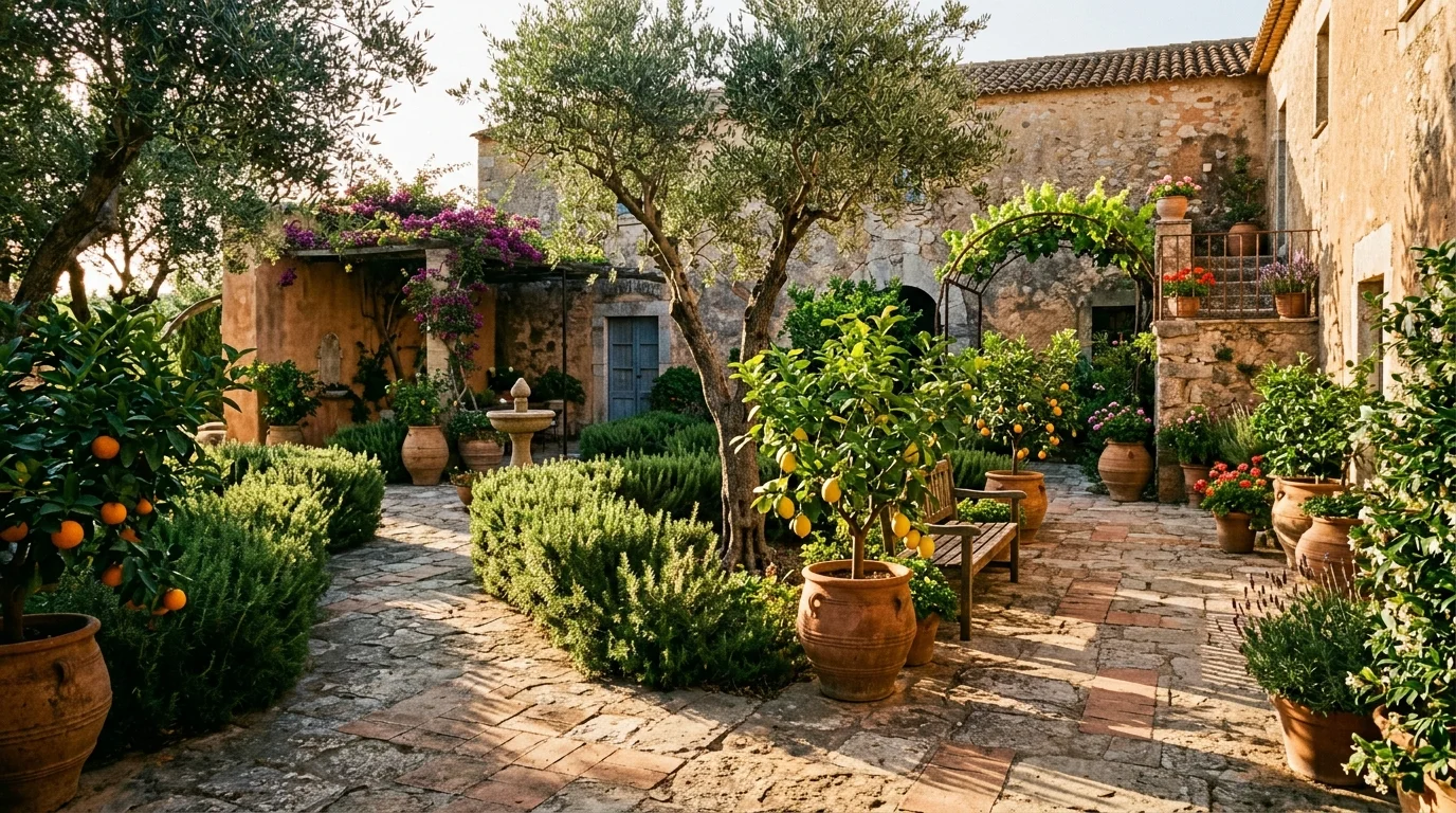 A Mediterranean cottage courtyard garden with terracotta pots, climbing flowers, and warm sunlit charm, no people