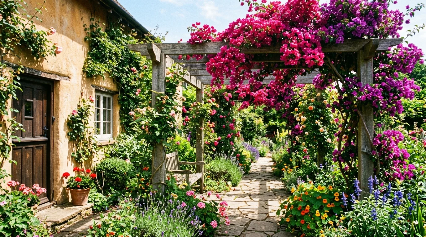 A charming Mediterranean cottage garden with gravel, herbs, and rustic sun-drenched structure, no people