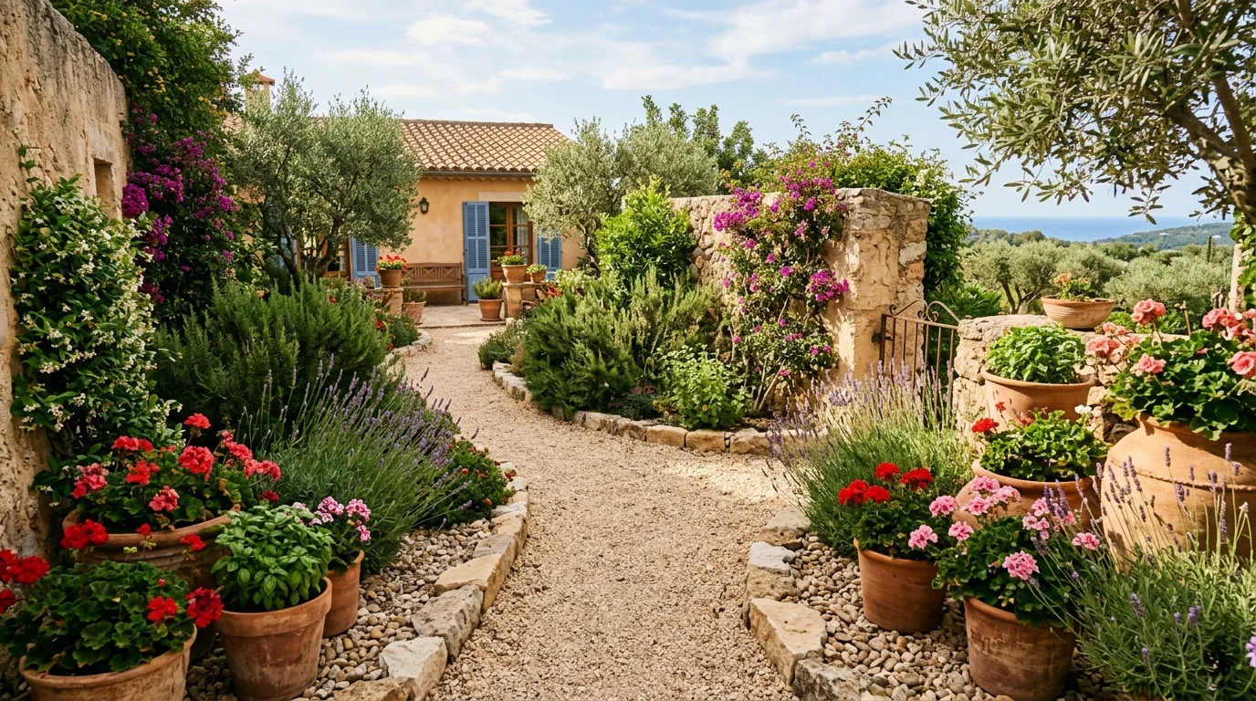 A Mediterranean cottage patio garden with citrus pots, colorful blooms, and sunlit outdoor charm, no people