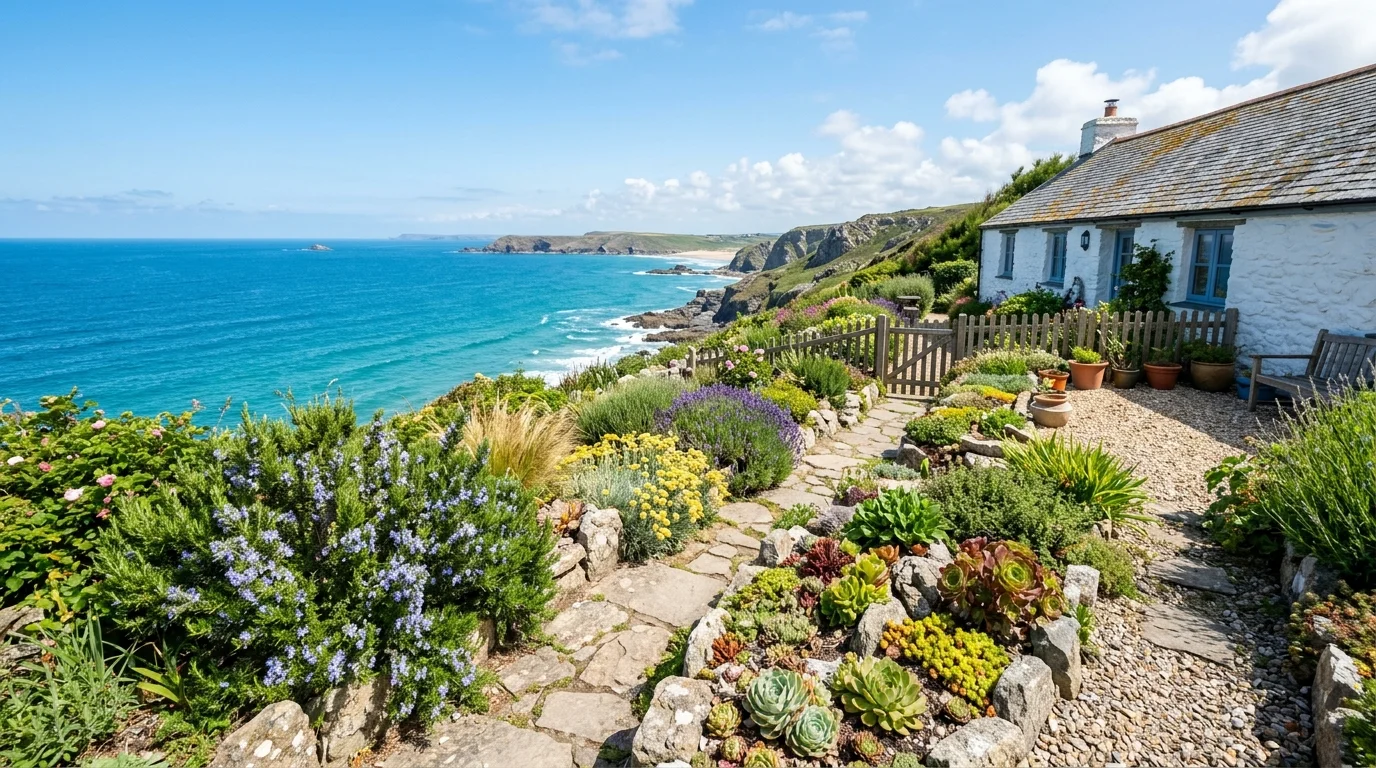 A charming Mediterranean cottage garden with roses, stone walls, and warm romantic planting, no people
